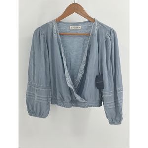 Lucky Brand Blouson Top Women's Size XS Blue‎ Boho Crop Deep V Neck New